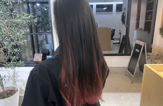 赤とネイビーで魅せる、おしゃれなヘアデザイン。あなたの新しい一歩を彩ります。